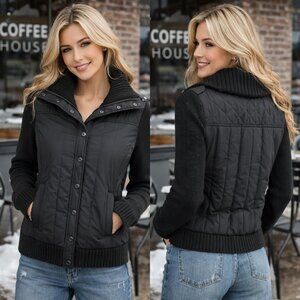 BCBGMaxAzria Black Puffer Sweater Jacket Ribbed Knit Collared Winter Coat‎ XS